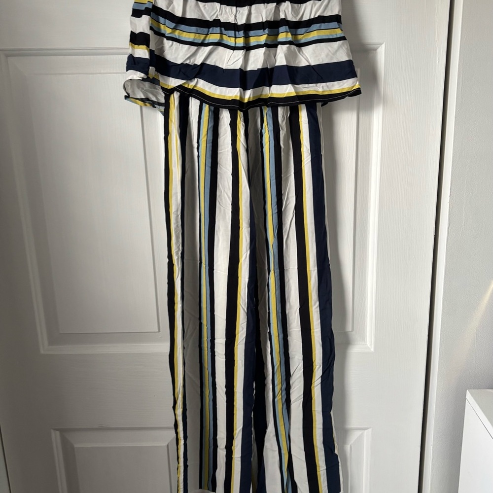 Striped Wide-Leg Women’s Jumpsuit - Navy, White & Yellow